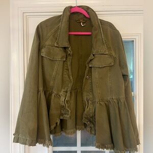 EUC women size Large olive green Free People willow peplum raw hem jacket,
